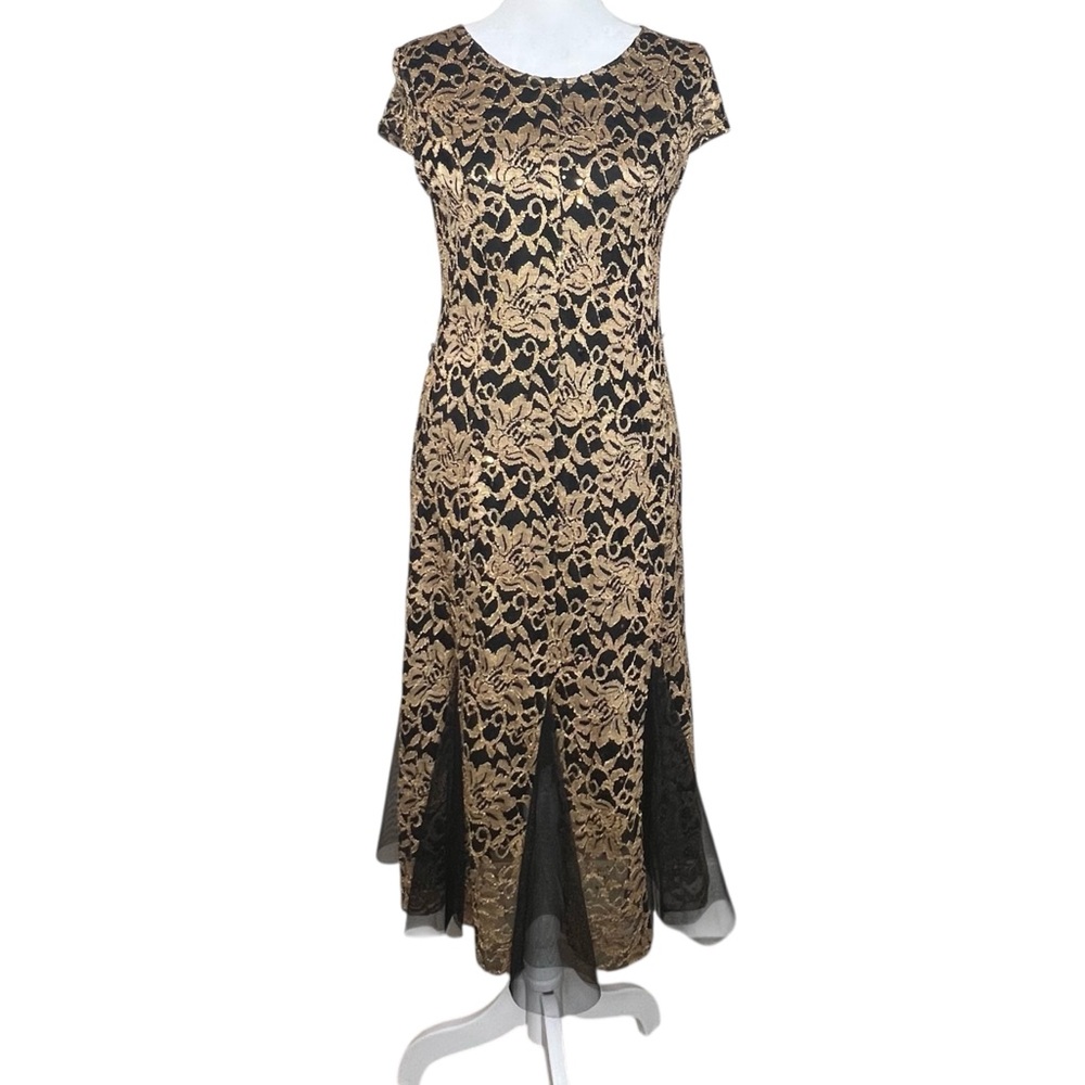 Y2K VTG Black Gold Mesh Lace Sequin Dress Size S Stretchy Whimsigoth Fairy Party